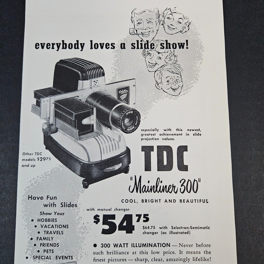 1951 Three‎ Dimension Company TDC Mainliner 300 Slide Projector Vintage Print Ad
